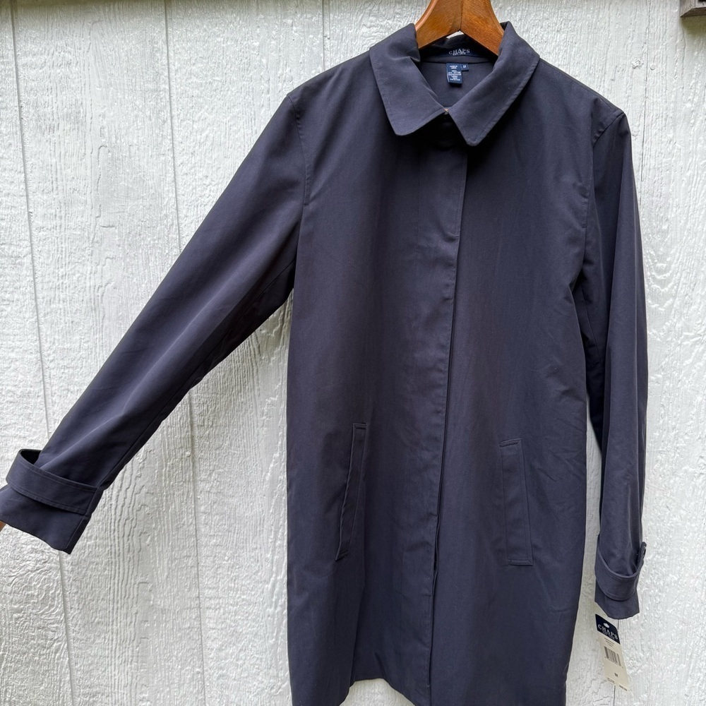 NWT Chaps Unisex Hidden Button Front Navy Trench Coat Jacket M Lined Pockets - Picture 3 of 9